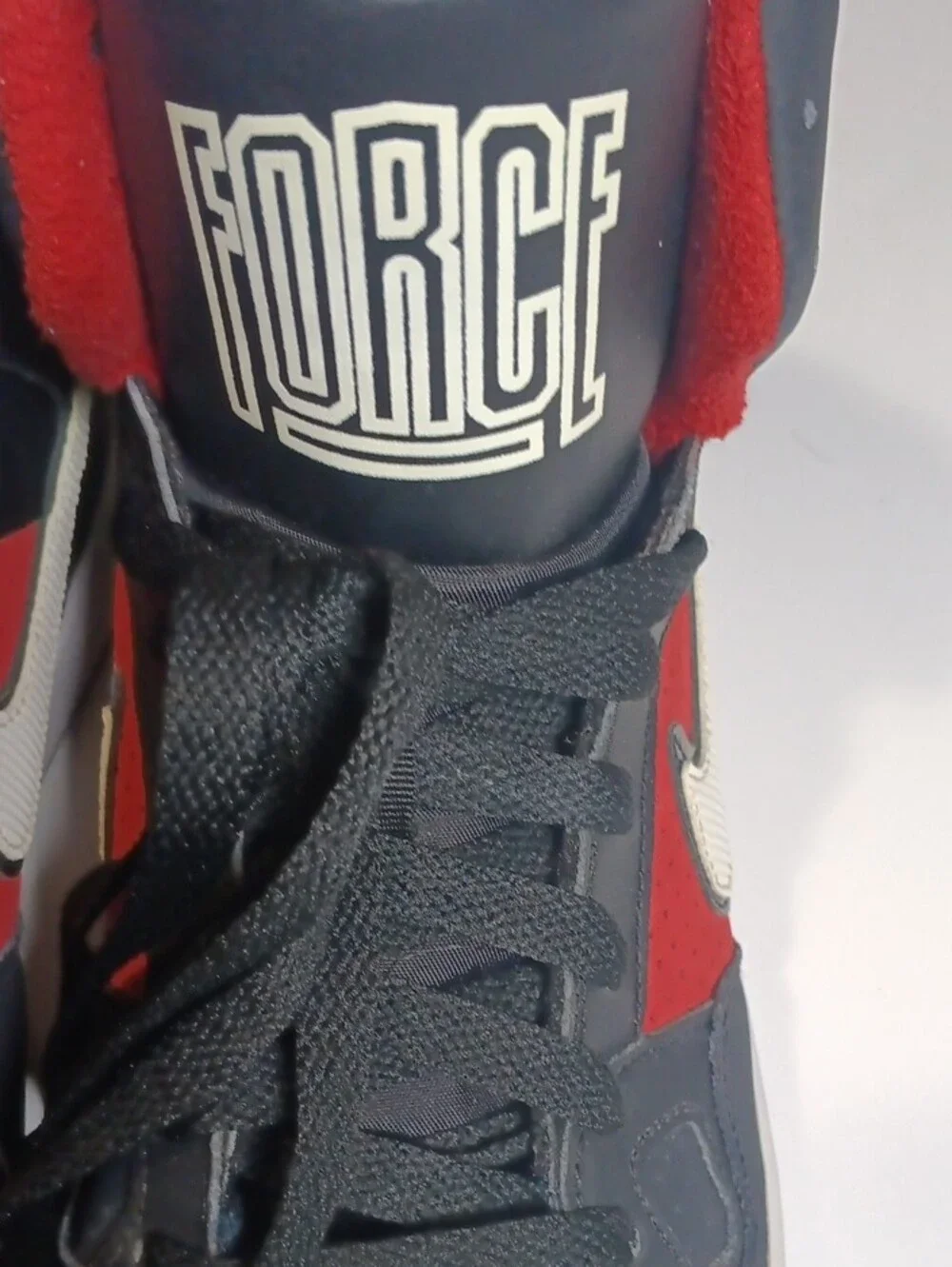 Nike 2015 Force Men's High-Top Sneakers in Black, Red and White Swoosh